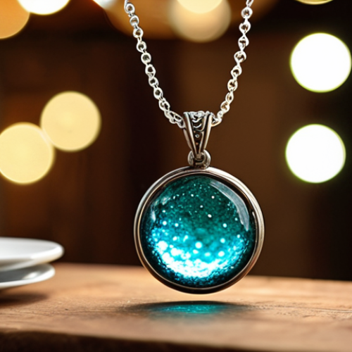 Home 15 **
"A beautiful necklace made of recycled glass, with light shining through it. Bokeh background of a cozy dinner setting with wine bottles partially visible. Focus on the necklace's unique story and eco-friendly origin. Soft, warm lighting."
**