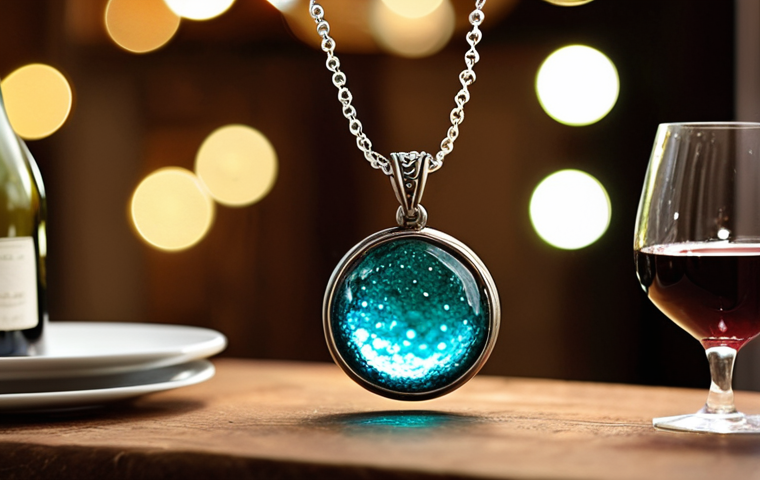 **
"A beautiful necklace made of recycled glass, with light shining through it. Bokeh background of a cozy dinner setting with wine bottles partially visible. Focus on the necklace's unique story and eco-friendly origin. Soft, warm lighting."
**