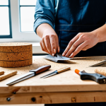 A skilled artisan, fully clothed in modest, professional work attire, meticulously crafting a unique piece of sustainable jewelry from natural materials like responsibly sourced cork and recycled metal, in a brightly lit, clean workshop. Tools are neatly arranged on a wooden workbench, bathed in natural light filtering through a large window. The focus is on their well-formed hands delicately shaping the intricate details of the accessory, demonstrating perfect anatomy and natural body proportions. The scene evokes a sense of dedication and ethical production, featuring appropriate content, safe for work, and family-friendly professional photography, high quality.