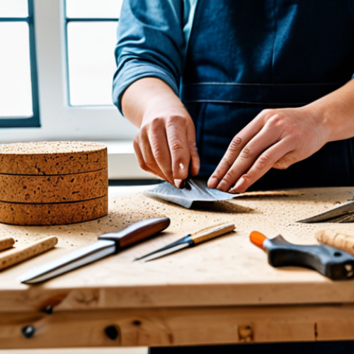 Home 14 A skilled artisan, fully clothed in modest, professional work attire, meticulously crafting a unique piece of sustainable jewelry from natural materials like responsibly sourced cork and recycled metal, in a brightly lit, clean workshop. Tools are neatly arranged on a wooden workbench, bathed in natural light filtering through a large window. The focus is on their well-formed hands delicately shaping the intricate details of the accessory, demonstrating perfect anatomy and natural body proportions. The scene evokes a sense of dedication and ethical production, featuring appropriate content, safe for work, and family-friendly professional photography, high quality.