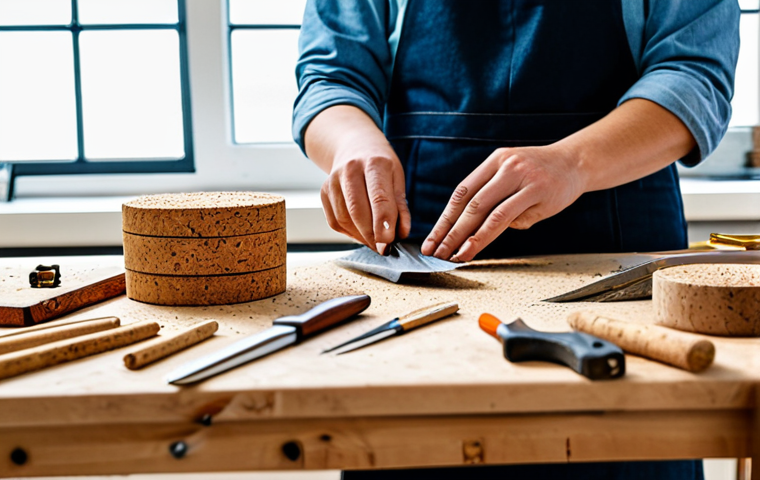 A skilled artisan, fully clothed in modest, professional work attire, meticulously crafting a unique piece of sustainable jewelry from natural materials like responsibly sourced cork and recycled metal, in a brightly lit, clean workshop. Tools are neatly arranged on a wooden workbench, bathed in natural light filtering through a large window. The focus is on their well-formed hands delicately shaping the intricate details of the accessory, demonstrating perfect anatomy and natural body proportions. The scene evokes a sense of dedication and ethical production, featuring appropriate content, safe for work, and family-friendly professional photography, high quality.