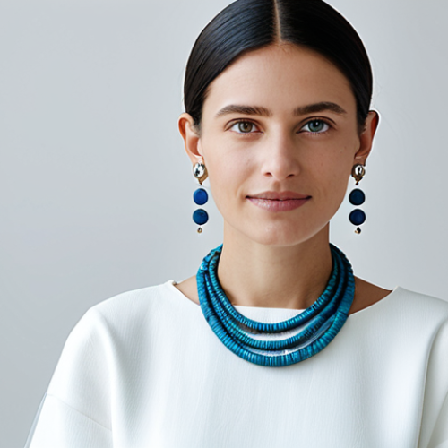 Home 7 A stylish woman in a modern, modest outfit, showcasing elegant earrings crafted from recycled ocean plastics and a sleek necklace made from upcycled electronic components. She stands in a bright, minimalist studio with diffused natural light, emphasizing the innovative materials and contemporary design. The image captures perfect anatomy, correct proportions, and a natural pose, with well-formed hands and proper finger count. This professional photography piece highlights sustainable fashion, appropriate content, safe for work, fully clothed, and family-friendly.