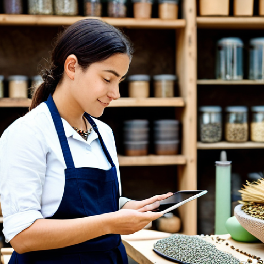 A professional, fully clothed woman, wearing a modest, light-colored artisanal workshop apron over professional dress, gently holds a beautiful, ethically sourced accessory (such as a necklace made from natural seeds and recycled silver) in her hands, carefully inspecting its intricate details. A tablet screen in the softly blurred background displays a video showing the origin of the raw materials and the dedicated artisans who collected them in a natural, vibrant forest setting. The scene takes place in a bright, clean, well-lit artisan workshop with shelves of sustainable materials. Perfect anatomy, correct proportions, well-formed hands, natural pose, professional photography, high detail, studio lighting. safe for work, appropriate content, fully clothed, modest clothing, professional dress, family-friendly.
