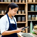 A professional, fully clothed woman, wearing a modest, light-colored artisanal workshop apron over professional dress, gently holds a beautiful, ethically sourced accessory (such as a necklace made from natural seeds and recycled silver) in her hands, carefully inspecting its intricate details. A tablet screen in the softly blurred background displays a video showing the origin of the raw materials and the dedicated artisans who collected them in a natural, vibrant forest setting. The scene takes place in a bright, clean, well-lit artisan workshop with shelves of sustainable materials. Perfect anatomy, correct proportions, well-formed hands, natural pose, professional photography, high detail, studio lighting. safe for work, appropriate content, fully clothed, modest clothing, professional dress, family-friendly.