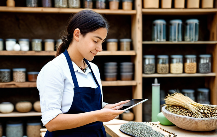 A professional, fully clothed woman, wearing a modest, light-colored artisanal workshop apron over professional dress, gently holds a beautiful, ethically sourced accessory (such as a necklace made from natural seeds and recycled silver) in her hands, carefully inspecting its intricate details. A tablet screen in the softly blurred background displays a video showing the origin of the raw materials and the dedicated artisans who collected them in a natural, vibrant forest setting. The scene takes place in a bright, clean, well-lit artisan workshop with shelves of sustainable materials. Perfect anatomy, correct proportions, well-formed hands, natural pose, professional photography, high detail, studio lighting. safe for work, appropriate content, fully clothed, modest clothing, professional dress, family-friendly.