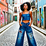 Upcycled Fashion Shoot**

"A fashion-forward model in a stylish, fully clothed outfit made entirely of upcycled materials (denim scraps, repurposed fabrics), posing in an urban setting (Lisbon street with colorful graffiti). The outfit is artistic and demonstrates innovative use of recycled resources, professional, modest clothing, safe for work, perfect anatomy, natural proportions, well-formed hands, appropriate attire. High-quality fashion photography, bright and vibrant colors, showcasing sustainable style."

**