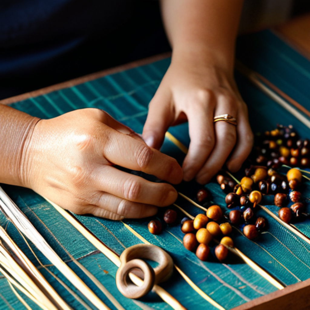 지속가능한 악세서리로 나만의 스타일 만들기 - **Prompt:** "A close-up shot capturing the skilled hands of an artisan, likely a woman, as she metic...