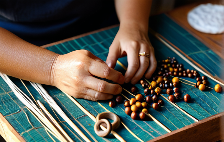 지속가능한 악세서리로 나만의 스타일 만들기 - **Prompt:** "A close-up shot capturing the skilled hands of an artisan, likely a woman, as she metic...