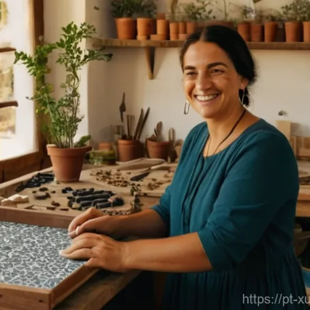 지속가능한 악세서리와 소비 심리 - **Prompt:** A Portuguese artisan, mid-30s, with a warm smile, carefully crafting a necklace in a sun...
