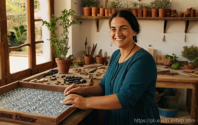 지속가능한 악세서리와 소비 심리 - **Prompt:** A Portuguese artisan, mid-30s, with a warm smile, carefully crafting a necklace in a sun...