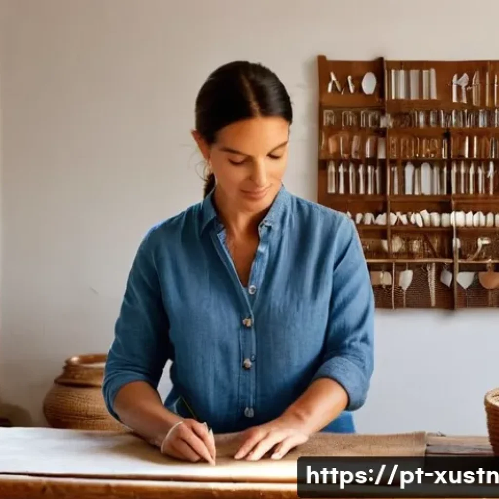 지속가능한 악세서리 브랜드의 시장 조사 - **Prompt:** A Portuguese artisan, a woman in her late 30s with kind eyes and neatly tied-back hair, ...