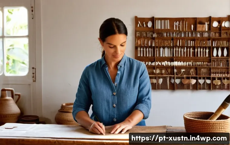 지속가능한 악세서리 브랜드의 시장 조사 - **Prompt:** A Portuguese artisan, a woman in her late 30s with kind eyes and neatly tied-back hair, ...