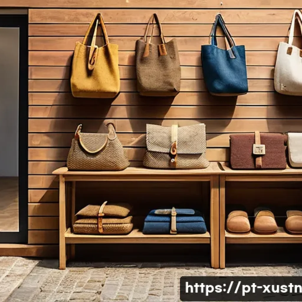 악세서리와 환경 문제 해결 전략 - A stylish eco-friendly accessory display featuring a variety of handmade bags and wallets crafted fr...