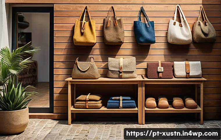 악세서리와 환경 문제 해결 전략 - A stylish eco-friendly accessory display featuring a variety of handmade bags and wallets crafted fr...