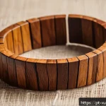 Home 18 친환경 악세서리 브랜드 추천 - A close-up image of a rustic wooden bracelet made from sustainably harvested, reforested wood, place...