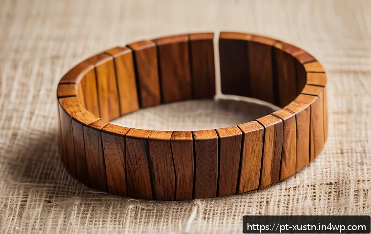 친환경 악세서리 브랜드 추천 - A close-up image of a rustic wooden bracelet made from sustainably harvested, reforested wood, place...