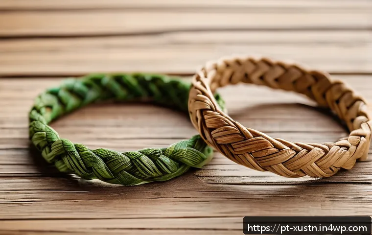 지속가능한 악세서리 브랜드의 지속 가능성 전략 - A close-up image of eco-friendly bracelets made from natural bamboo fibers and hemp, displayed on a ...