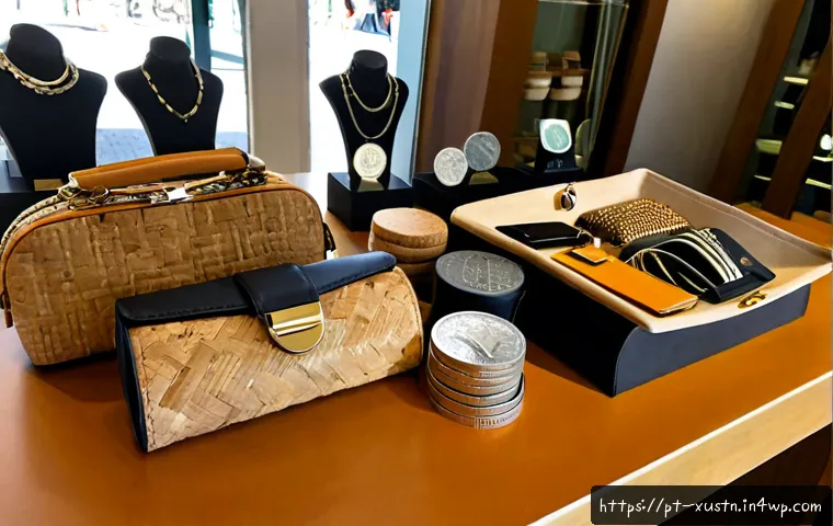 Home 17 지속가능한 악세서리의 시장 점유율 - Photorealistic editorial scene in a bright Portuguese boutique, a neatly arranged display of sustain...